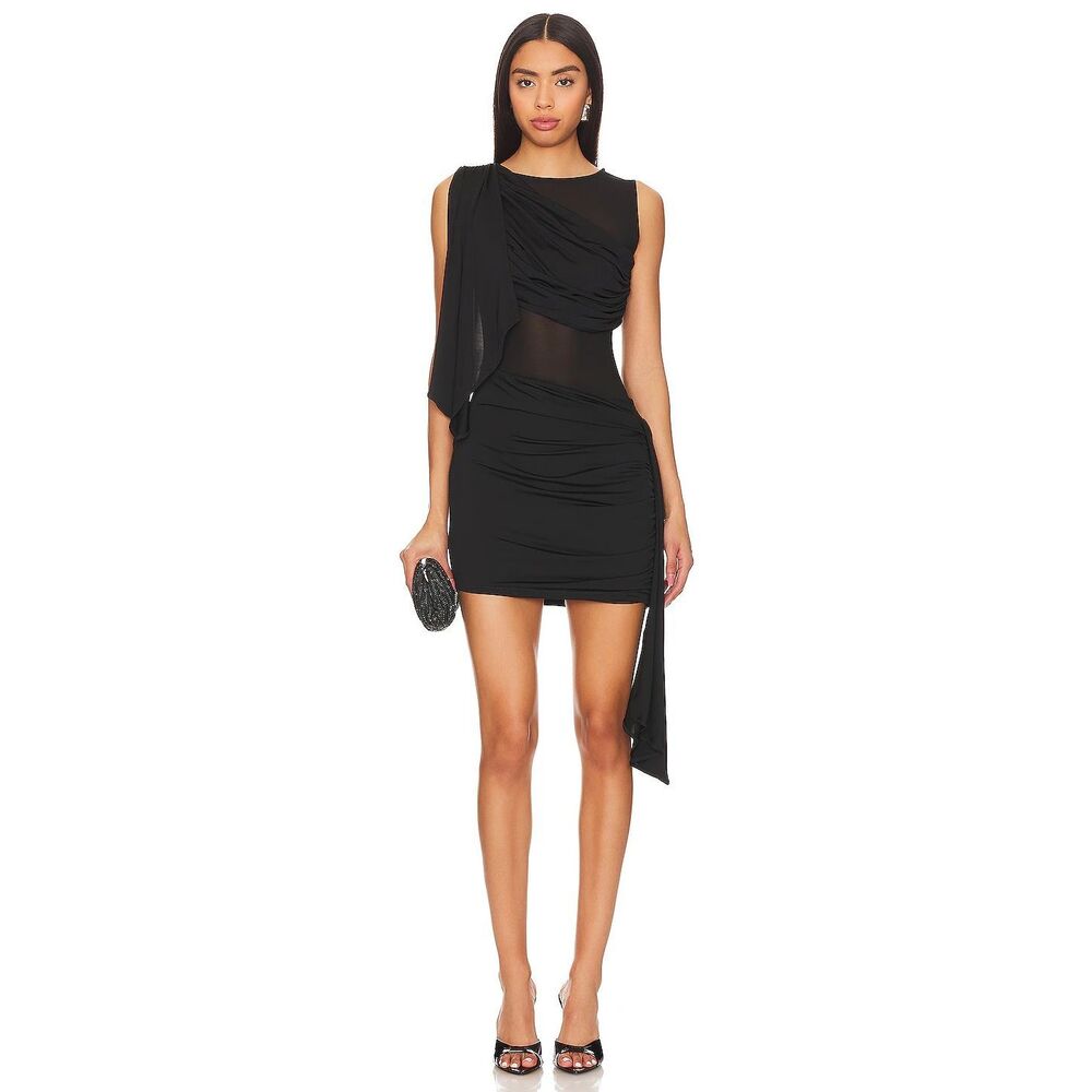 NBD Ivy Mini Dress Black One Sleeve Ruched Mesh Cutout Dress Size S